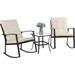 3 Piece Outdoor Rocking Chair Set PE Wicker Rattan Small Patio Rocking Bistro Set Front Porch Furniture Rocking Chairs Set of 2 Cushioned Patio Rocker Chair Set with Glass Table (Beige)