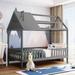 Twin Size House Bed, Wood Platform Bed Frame with Fence, Montessori Bed with Wood Slats Support for Kids Teens Girls Boys, Grey