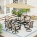 Phi Villa 7/8-Piece Patio Dining Set of 6 Swivel Metal Rattan Chairs with Deep-seating Chairs and Wood-like Table Top Table +Beoge Umbrella - 8-Piece