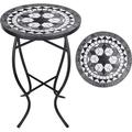 Vipush Mosaic Outdoor Side Table 14 Round Folding End Table Patio Accent Table Indoor Plant Stand for Living Room Geramic Table Top Black Iron Black and White