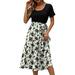Women s Casual Short Sleeve Mid Length Dresses Waist Tie O-Neck Patchwork Dot Printing Business Dresses White_001 S