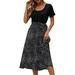 Women s Casual Short Sleeve Mid Length Dresses Waist Tie O-Neck Patchwork Dot Printing Business Dresses Black_001 L