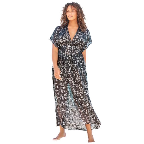 plus-size-womens-long-caftan-cover-up-by-swim-365-in-silver-black-dots--size-m-l--swimsuit-cover-up/