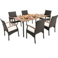 Costway 7 Pieces Patio Wicker Cushioned Dining Set with Wood Armrest and Umbrella Hole