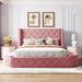 Queen Size Luxurious Velvet Upholstered Storage Platform Bed with Wingback Headboard and 1 Big Drawer,2 Side Storage Stool, Pink