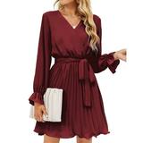 Women Casual Wrap V Neck Long Sleeve Tie Waist Swing Pleated Wedding Guest Dress