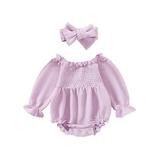 ELF 0-2Y Baby Girls Knitted Romper Set Solid Color Long Sleeve Off-shoulder Pleated Romper with Hairband Fall Outfit