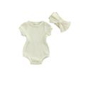 Sunisery 2PCS Newborn Baby Girls Romper Outfits Solid Color Short Sleeve Romper with Bow Headband Summer Clothes Set Beige 0-3 Months
