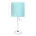 19.5" Bedside Power Outlet Base Standard Metal Table Desk Lamp in White with Aqua Drum Fabric Shade for Home Decor