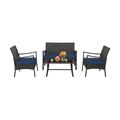 Costway 4 Pieces Outdoor Rattan Conversation Set with Tempered Glass Coffee Table-Navy