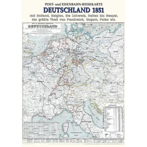 Historische Postkutschen und Eisenbahn-Reisekarte: DEUTSCHLAND 1851 (Plano)
