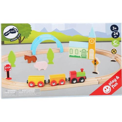 Small foot 11490 - Holzeisenbahn-Set Stadt und Land, play & fun, Spielset, Holz, 24-teilig, aufgebaut 45x59x9cm - Legler