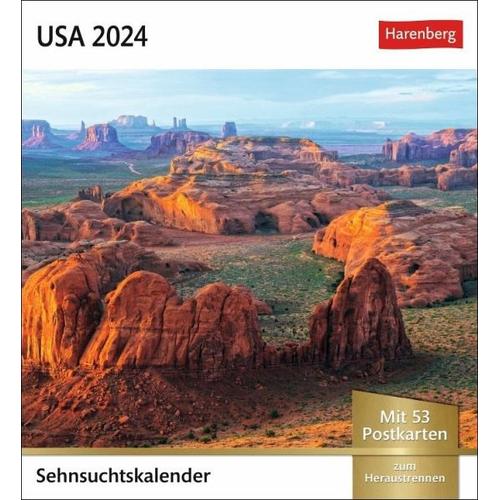 USA Sehnsuchtskalender 2024. Wöchentlich Postkarten in einem Kalender. Foto-Kalender mit typisch amerikanischen Motiven. Tischkalender mit Postkarten