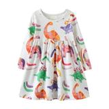 ZRBYWB Girls Dress Toddler s Long Sleeve Dress Cute Dinosaur Cartoon Appliques Print A Line Flared Skater Dress Cotton Dress Outfit Summer Clothes