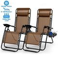 FOCUSSEXY Set of 2 Zero Gravity Chair Set with Table and Cup Holders Folding Lounge Chair Recliner Lounge Garden Backyard w/ Side Tray Brown