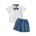 Toddler Little Boys Summer Outfits Summer Short Sleeved White Shirt With Bow Tie Blue Shorts Performance Baby Boys Summer Clothing Sets Size 90 White