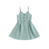 Arvbitana Toddler Girl Sleeveless Casual Dresses Summer Beach Solid Color Button Sling A-Line Party Dress 2T-6T