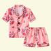 Loopsun Toddler Pajamas Sets Lapel Short Sleeve Floral Printing Silk Satin Home Wear Clothes Suit Hot Pink