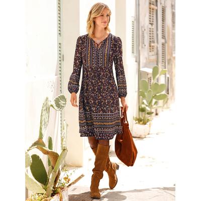 Tunikakleid INSPIRATIONEN "Druck-Kleid", Damen, Gr. 20, Kurzgrößen, braun (schwarz, rotbraun, bedruckt), 100% Viskose, geblümt, gemustert, bedruckt, mehrfarbig, knielang, Rundhals, Langarm, Kleider Image