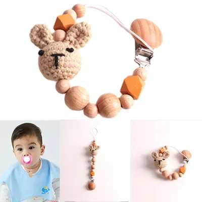 D7WF-Attache-sucette pour bébés et nourrissons jouet de dentition perles en bois lapin