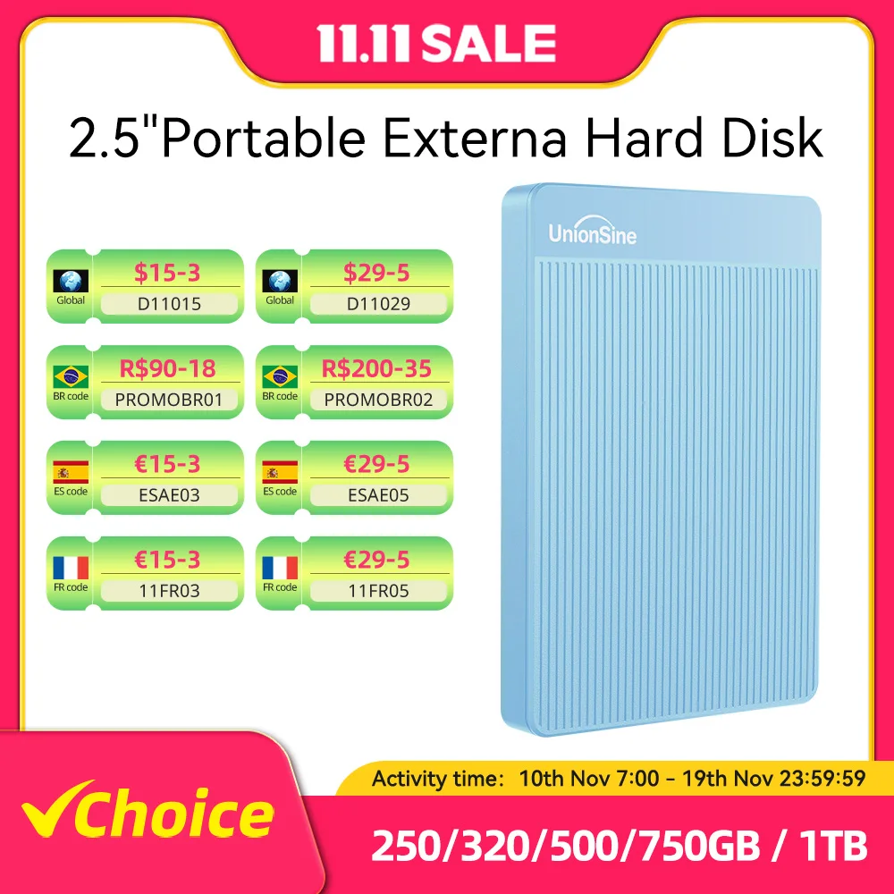 UnionSine – disque dur externe HDD Portable usb 3.0 de 2.5 pouces, avec capacité de stockage de 320 go/500 go/750 go/1 to, Compatible pour PC, Mac, ordinateur de bureau, MacBook