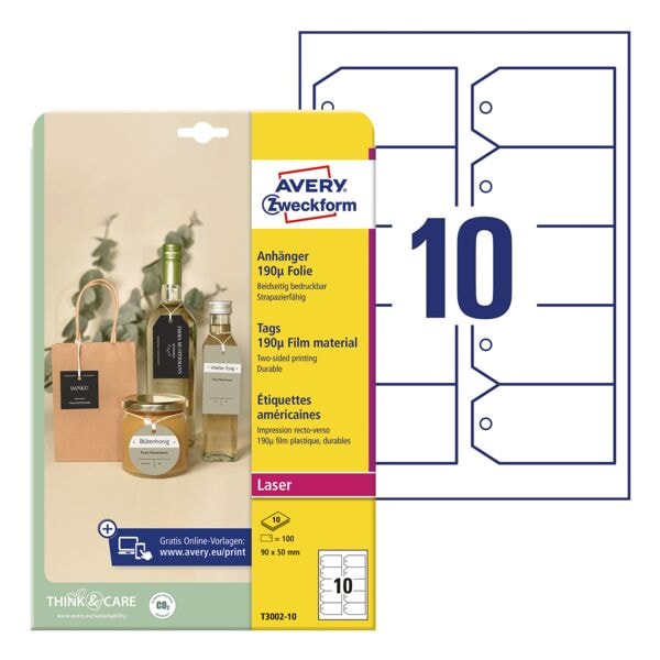 Avery Zweckform 100er-Pack Anhänger »T3001-10« abgeschrägte Kanten Folie 90 x 50 mm weiß weiß Image