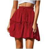 Wenini Womens Skirts Solid Mini Summer Skirt Elastic Waist Flowy Ruffle Belted Evening Fashion Casual Loose Tennis Skirt Wine L