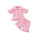 IZhansean Toddler Baby Girl Cotton Clothes Kids Ruffle Long Sleeve Peter Pan Collar Button Shirts Tops+Flare Pants Loungewear Pink 18-24 Months
