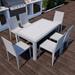 LeisureMod Mace Mid-Century 7-Piece Outdoor Stackable Chairs with Rectangular Dining Table Stylish and Comfortable Modern Weave Design Dining Set (White)