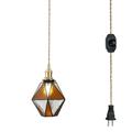 FSLiving Hanging Swag Lamp Pendant Light with 15ft Plug-in UL Dimmable Cord Brass Finished E26 Socket Tiffany Macaron Brown Cone Glass Lamp Nordic Industrial Hanging Lamp Bulbs Not Included - 1 Pack