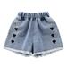 Caveitl 6-7 Years Big Girls Summer Thin Heart Embroidered Elastic Waist Shining Denim Ragged Shorts Shorts Jeans Blue