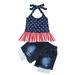 kpoplk Baby Girl 4th of July Outfits USA Flag Sleeveless Halter Top Denim Shorts Set Summer Clothes(3-4 Y BU1)