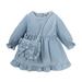 Kucnuzki Newborn Baby Girl Clothes 9 Months Fall Winter Dress 12 Months Long Sleeve Soid Color Ruffles Classic Denim Dress Backpack 2PCS Set Blue