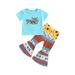 IZhansean Toddler Baby Girl Western Clothes Short Sleeve Cow Print T-Shirts Tops High Waist Flared Pants 2Pcs Outfits Blue 3-4 Years