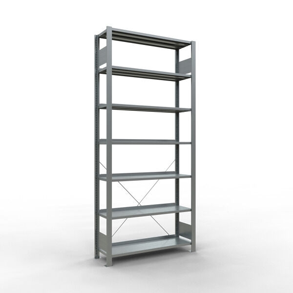 SCHULTE Lagertechnik Grundregal, Büro-Fachbodenregal Stecksystem MULTIplus85, 2300 x 1000 x 300 mm (HxBxT), 7 Fachböden, Kreuzstrebe, verzinkt, mit Anschlagleiste Image