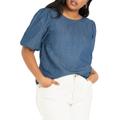 Plus Size Women's Denim Puff Sleeve Top by ELOQUII in Medium Wash (Size 22)