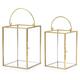OwnMy Set of 2 Gold Glass Hurricane Candle Holders Geometric Candle Lanterns Metal Pillar Candle Stands with Handle, Decorative Glass Terrarium Candlestick Vase for Table Centerpieces Wedding Decor
