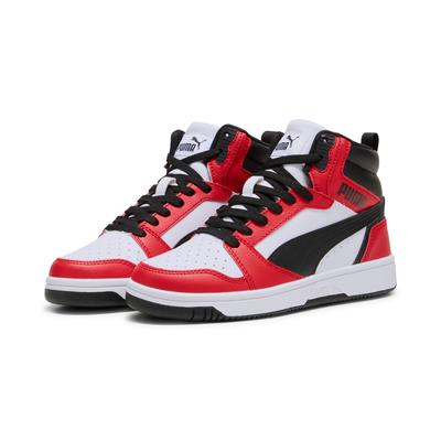 Sneaker PUMA "REBOUND V6 MID JR", Kinder, Gr. 37, bunt (puma weiß, puma schwarz, for all time rot), sportlich, Schuhe
