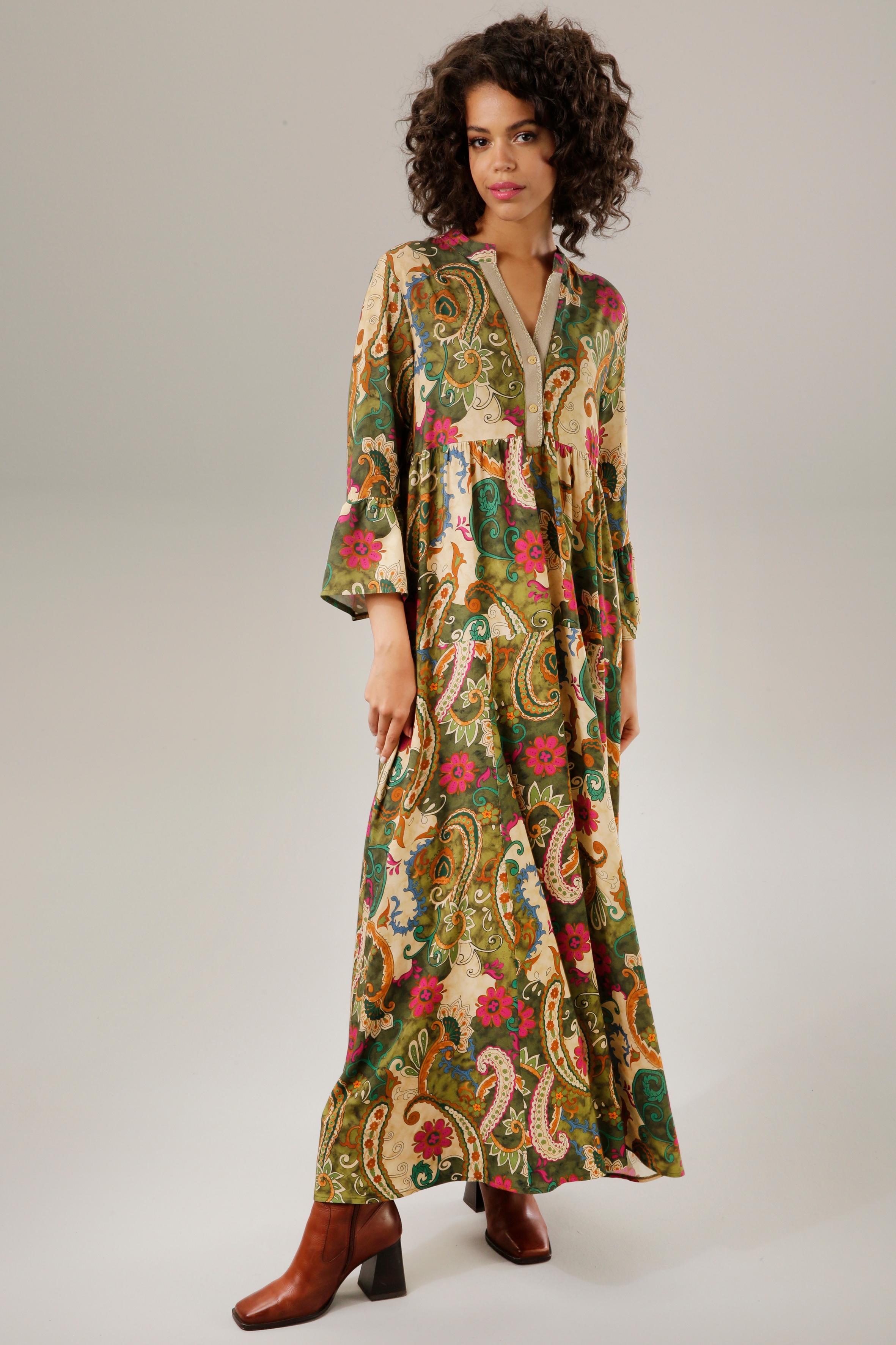 Maxikleid ANISTON CASUAL, Damen, Gr. 42, N-Gr, bunt (grün, hellbeige, fuchsia, petrolhallbraun, orange, schwarz), Web, Obermaterial: 100% Viskose, Glitzerstreifen, Paisley, bedruckt, geblümt, Modisch, lässig geschnitten knöchellang, V-Ausschnitt,...