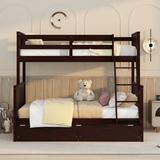 Bunk Bed with Drawers, Twin Over Full Bunk Bed, Solid Wood Bunk Bed Frame with Ladders & 2 Storage Drawers