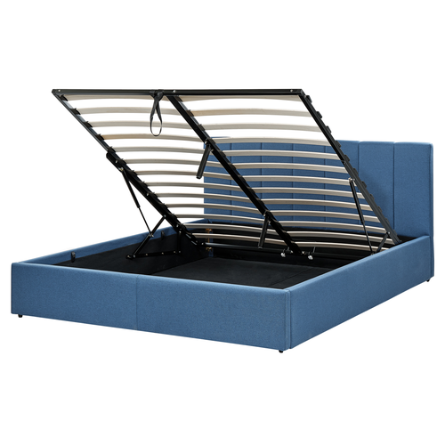 Bett Blau Stoffbezug mit Lattenrost 160 x 200 cm Hochklappbar Bettkasten Hohes Kopfteil Modern Schlafzimmer Möbel Ausstattung Doppelbett