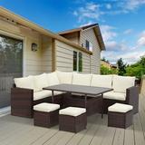 Cozyhom 7-Piece Outdoor Patio Sectional Dining Furniture Set PE Wicker Rattan with Table and Ottomans Beige