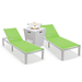 LeisureMod Marlin Modern White Aluminum Outdoor Patio Chaise Lounge Chair Set of 2 with Square Fire Pit Side Table Perfect for Patio Lawn and Garden (Green)