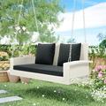 Royard Oaktree 2-Person Wicker Porch Swing with Chains Patio Hanging Swing Chair with Cushions Rattan Swing Bench for Garden Backyard Pond (White Wicker Gray Cushion)