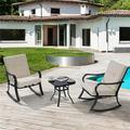 SANLUCE 3-Piece Metal Frame Outdoor Bistro Set 2 Rocking Chairs with White Cushions and Tempered Glass Side Table