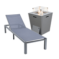 LeisureMod Marlin Modern Grey Aluminum Outdoor Patio Chaise Lounge Chair with Square Fire Pit Side Table Perfect for Patio Lawn and Garden