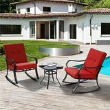 SANLUCE 3-Piece Metal Frame Outdoor Bistro Set 2 Rocking Chairs with Red Cushions and Tempered Glass Side Table