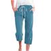 Oalirro Drawstring Pants Women Casual Cropped Pants Cargo Pants Women High Waist Straight Leg Cotton Linen Blue