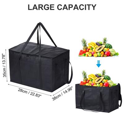 2Pcs Insulated Reusable Grocery Bag Food Delivery Bag with Zipper 22.8"x13"x15" - Black