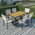 7 Piece Outdoor Table and Chairs Sets Patio Furniture Metal Conversation Sets Outdoor Acacia Wood Table with 6 Chairs